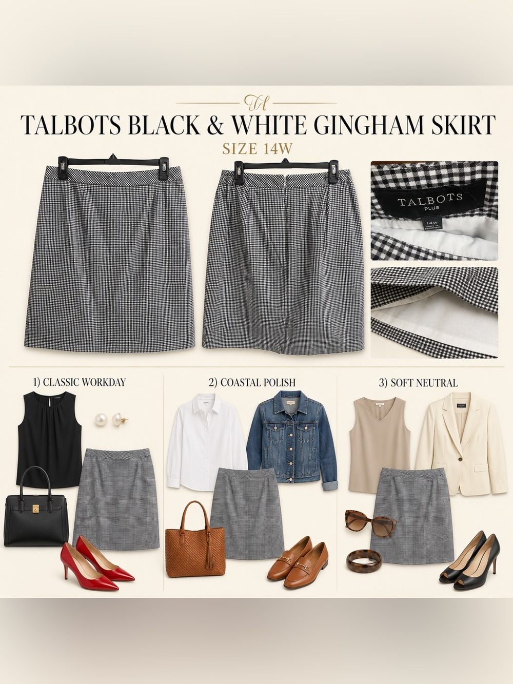 Talbots Plus Black White Gingham Above-Knee Skirt Size 14W